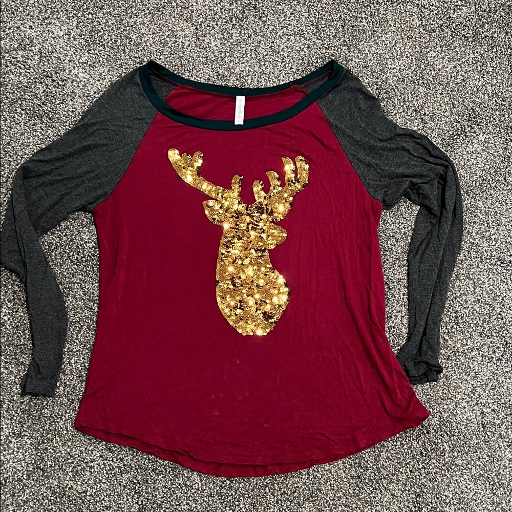 Acting Pro Burgundy and Gold Sequin Deer Long Sleeve Top